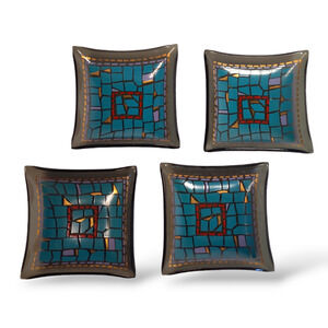 Sushi Sashimi Glass Mini Plates Mosaic Blue Red Black Set of 4